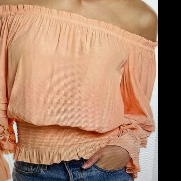 NWT Ramy Brook Clara Peach off the Shoulder Shirt with Beading Detail MSRP $385 - Picture 2 of 8